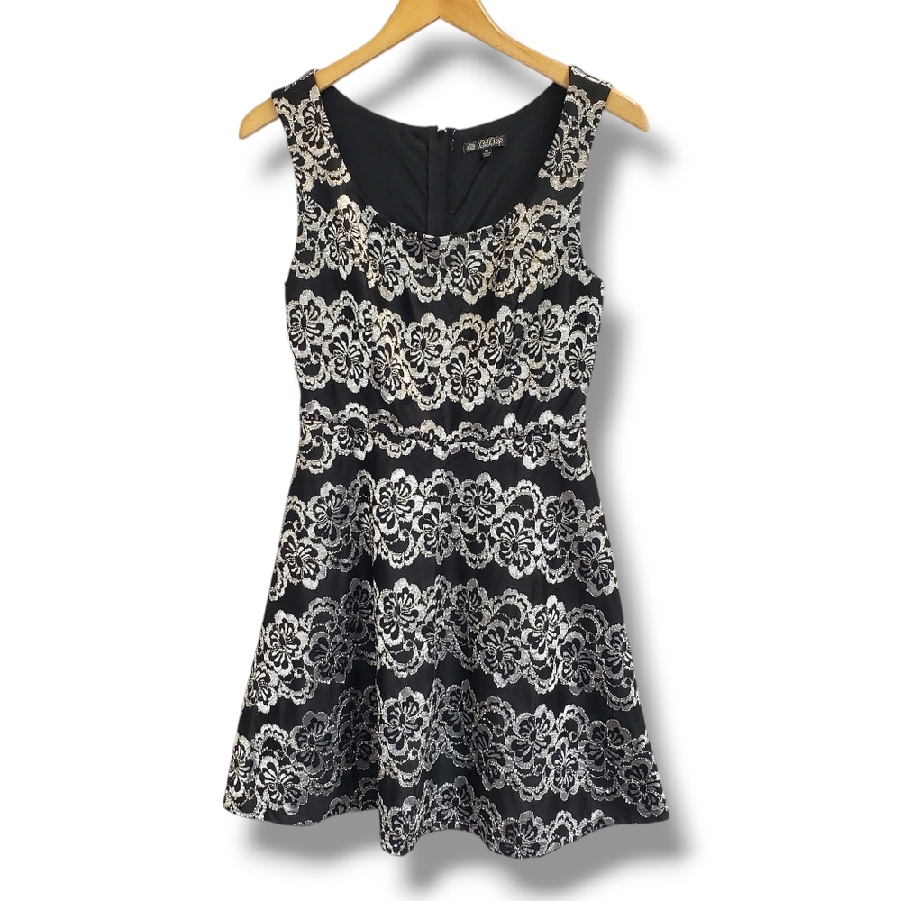 BeBop Silver and Black Metallic Lace Skater Dress Size Medium